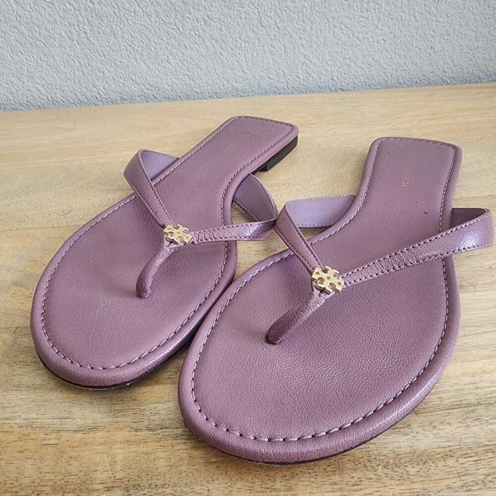 Tory Burch Sandals Shoes Womens Size 6.5M Purple Leather Thong Flip Flop Logo - Picture 6 of 12